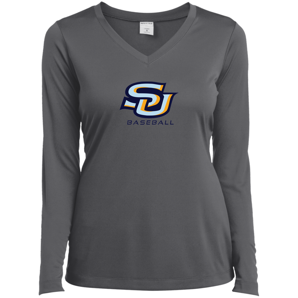 SU Baseball navy LST353LS Ladies’ Long Sleeve Performance V-Neck Tee