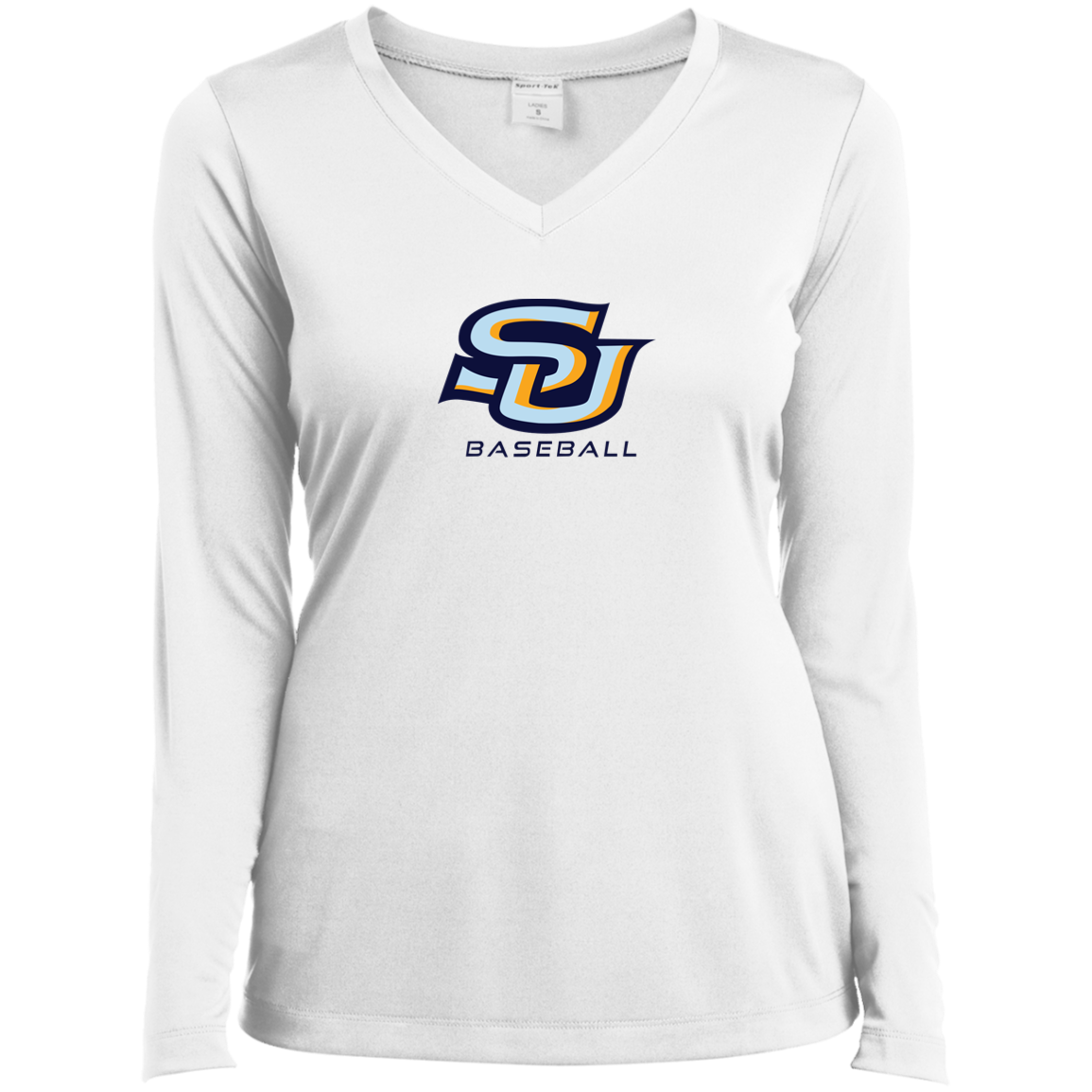 SU Baseball navy LST353LS Ladies’ Long Sleeve Performance V-Neck Tee