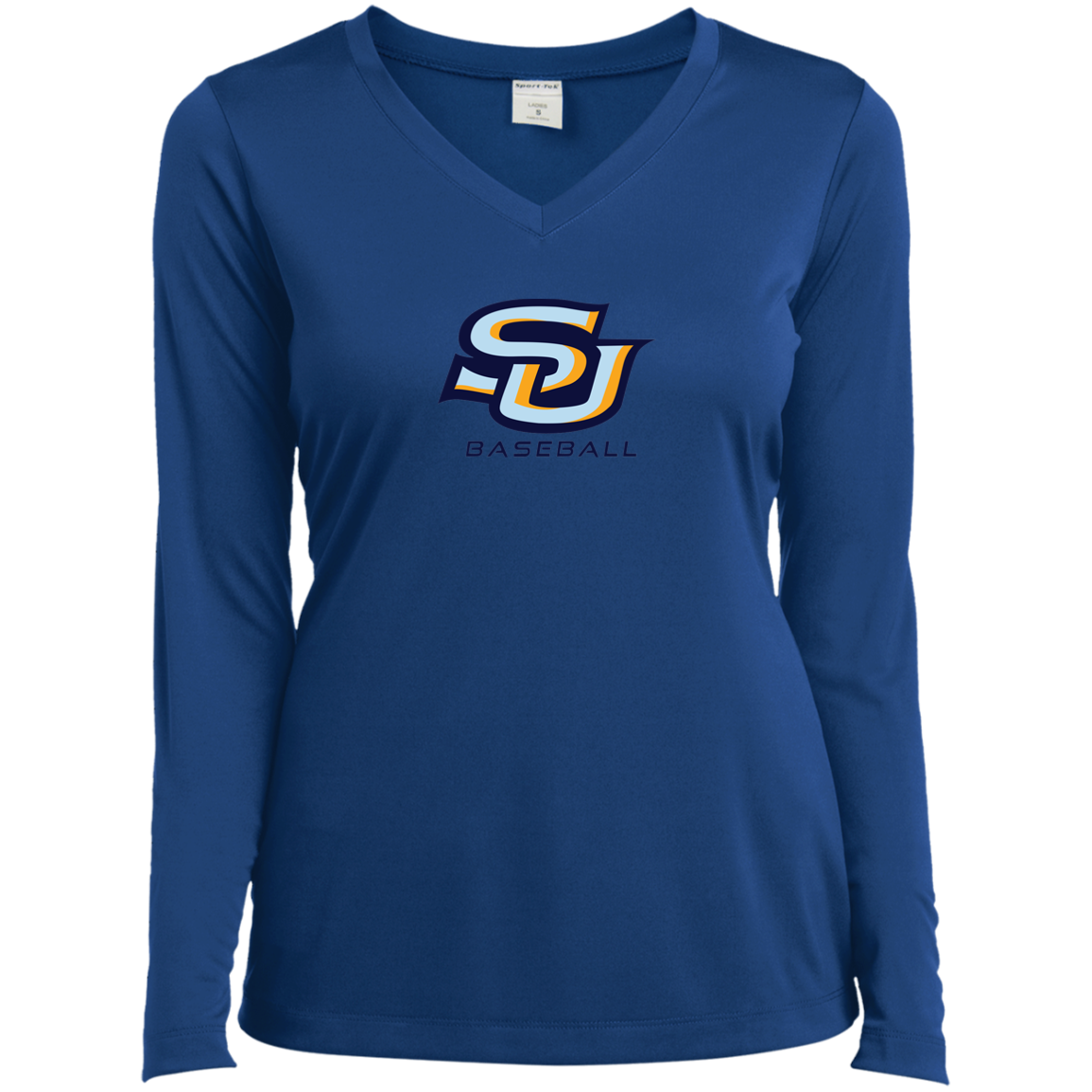 SU Baseball navy LST353LS Ladies’ Long Sleeve Performance V-Neck Tee