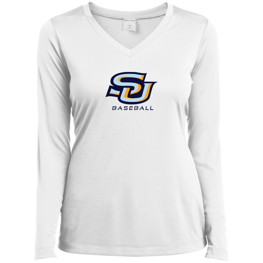 SU Baseball navy LST353LS Ladies’ Long Sleeve Performance V-Neck Tee